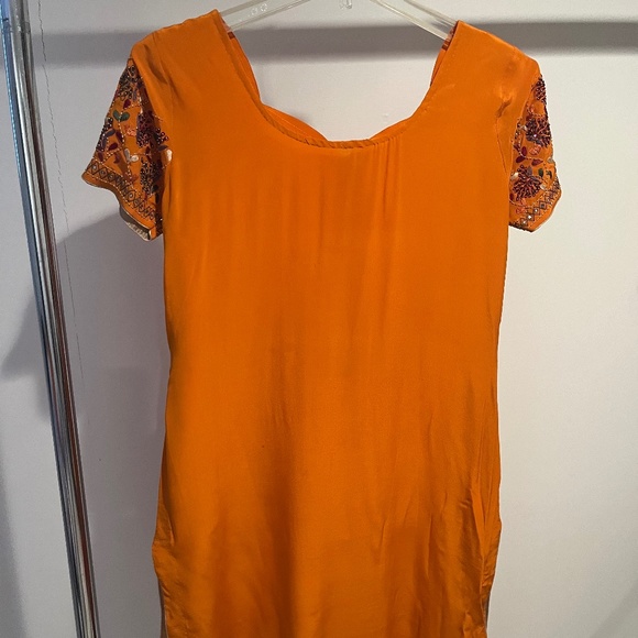 Women’s Indian 3 Piece Orange with Detailed Top & Pants w Matching Wrap-Large - Picture 8 of 11